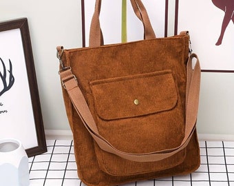 Corduroy handbag, shoulder bag, in brown, black or white, boho style, retro
