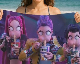 K-Pop Girl Towel, K-Pop Demon Hunters, K-Pop Anime Girls, Eating Ramen Towel, Personalized Towel, Funny Anime Beach Towel, Mira Rumi Zoey