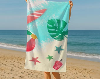 May include: Beach towel featuring a vibrant summer design. The towel showcases a red and white striped surfboard, a beach ball, a green monstera leaf, red and green starfish, and a red drink with a straw. The background has a light blue and white watercolor effect.