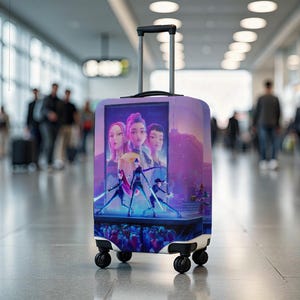 May include: A rolling suitcase with a vibrant purple and blue graphic featuring stylized female characters. The design includes a stage with figures holding glowing swords, set against a cityscape backdrop. The suitcase has a retractable handle and four black wheels.