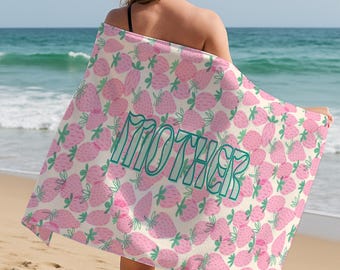 Strawberry Beach Towel For Mom, Custom Name Towel, Mothers Day Gift, Cute Pink Fruit Towel, Summer Pool Towel, Gift For Mom
