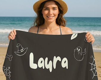 Personalized Halloween Beach Towel, Custom Name Ghost Bath Towel, Cute Spooky Pool Towel, Halloween Party Gift