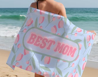 Floral Beach Towel For Mom, Pastel Flower Towel, Custom Name Towel, Mothers Day Gift, Soft Pink Blue Towel, Summer Pool Towel
