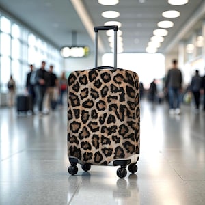 Pode incluir: Uma mala com rodas e al&ccedil;a retr&aacute;til, com um design de estampa de leopardo marrom e preto. A bagagem tem quatro rodas pretas e est&aacute; em um fundo desfocado de aeroporto.