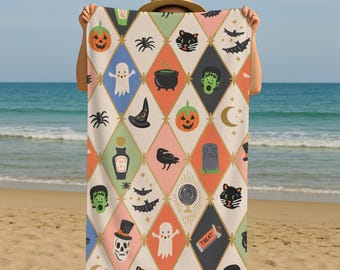 Halloween Diamond Pattern Towel, Spooky Season Beach Towel, Retro Fall Bath Towel, Cute Haunted Print, October Party Gift