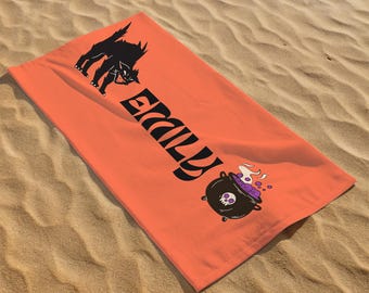 Personalized Halloween Beach Towel, Custom Name Witch Bath Towel, Halloween Party Pool Towel, Spooky Season Gift