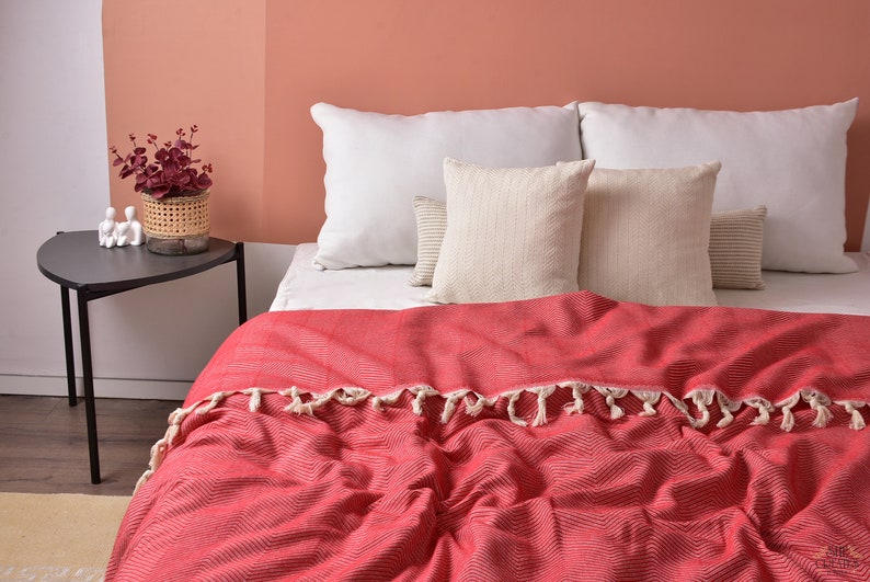 Coperta in cotone 67"x83", coperta intrecciata, coperta turca, coperta a zig zag, bomboniere natalizie, copriletto, coperta da divano, coperta organica, immagine 5
