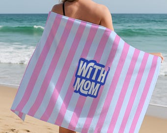 Custom Mom Beach Towel With Name, Personalized Summer Pool Towel, Pink Stripe Aesthetic Gift, Printed Towel For Mom, Mother for Gift Towel