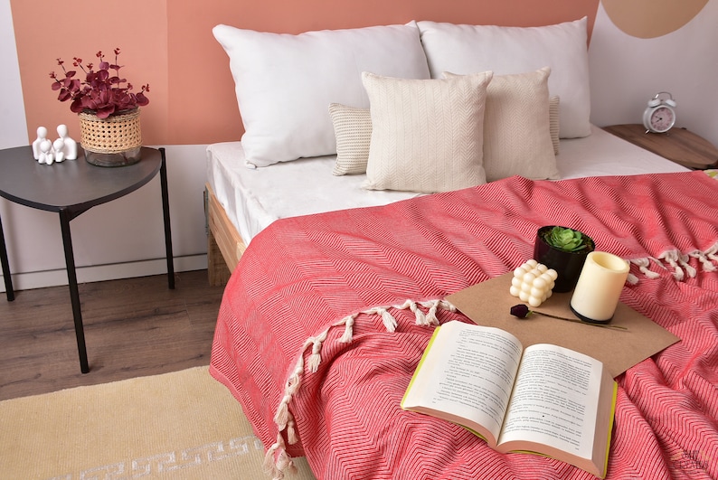 Coperta in cotone 67"x83", coperta intrecciata, coperta turca, coperta a zig zag, bomboniere natalizie, copriletto, coperta da divano, coperta organica, immagine 6