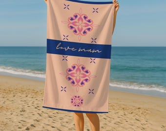 Boho Floral Beach Towel, Love Mom Gift, Ethnic Pattern Towel, Personalized Beach Towel, Mothers Day Gift, Summer Vacation Towel