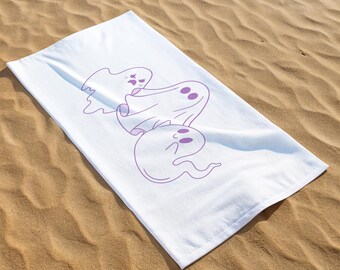 Minimal Ghost Beach Towel, Cute Halloween Bath Towel, Line Art Spooky Pool Towel, Personalized Custom Gift