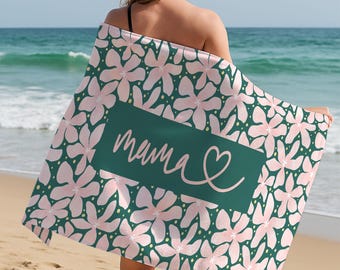 Floral Beach Towel For Mom, Personalized Towel, Custom Name Towel, Mothers Day Gift, Green Pink Flower Towel, Summer Pool Towel
