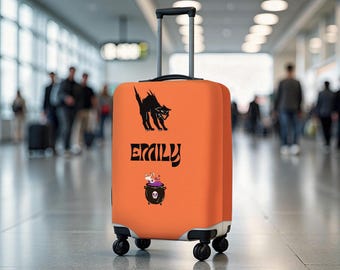Personalized Halloween Luggage Cover, Custom Name Suitcase Cover, Witch Cat Travel Cover, Spooky Carry On Protector, Fall Travel Gift