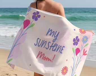 My Sunshine Mom Beach Towel, Mothers Day Gift For Mom, Cute Floral Towel, Summer Gift From Daughter Son, Aesthetic Pink Blue Beach Towel
