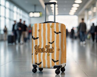 Halloween Bat Luggage Cover, Striped Suitcase Cover, Spooky Travel Protector, Personalized Custom Travel Gift, Carry On Cover