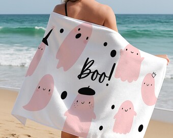 Boo Halloween Beach Towel, Cute Ghost Bath Towel, Personalized Custom Name Pool Towel, Halloween Party Gift