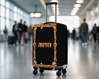 Personalized Halloween Luggage Cover, Custom Name Suitcase Cover, Gothic Skeleton Frame Travel Cover, Spooky Travel Protector