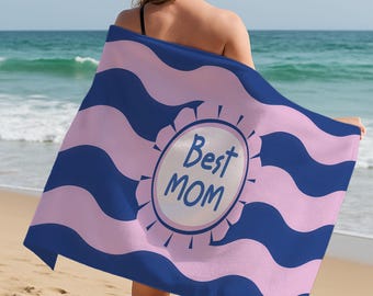 Mom Beach Towel Gift, Wavy Coastal Towel, Pink Blue Summer Towel, Soft Cotton Pool Towel, Vacation Beach Essential