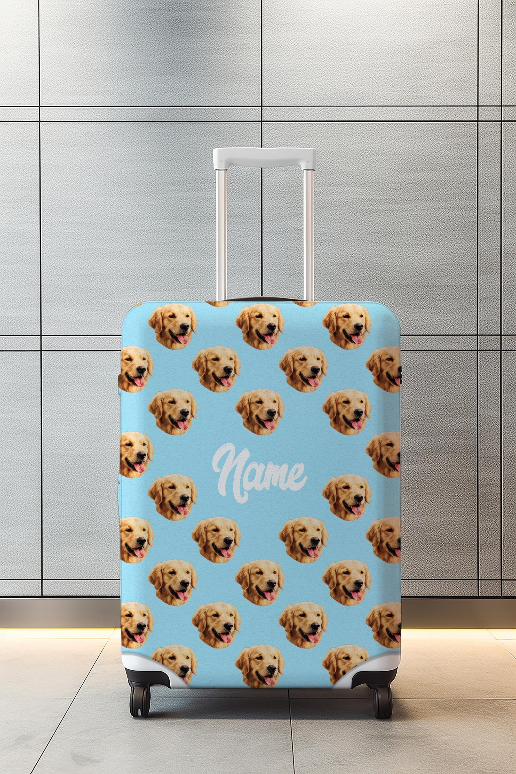 Discover Personalized Dog Image Luggage Cover with Name, Custom Pet Suitcase Protector, Pet Lover Travel Accessory
