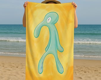 Squidward Painting Personalized Printed Towel, Custom Name Turkish Beach Towel, Gift For Boys Birthday, Holiday Gift Idea, Custom Favor,