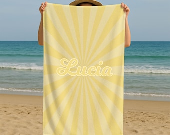 Benutzerdefiniertes Sunshine Strandtuch - Personalisiertes bedrucktes Handtuch mit strahlenförmigen Streifen, weiches Küstenschwimmbadtuch, Geschenk für Sie oder Ihn, Name Option