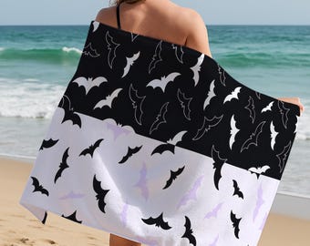 Black Bat Beach Towel, Gothic Halloween Bath Towel, Spooky Wing Pattern Pool Towel, Dark Autumn Gift, Haunted Season Towel