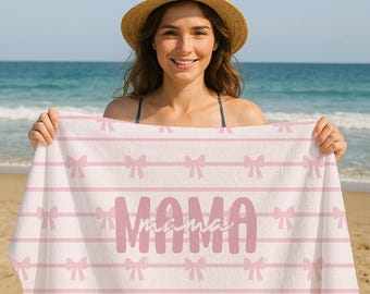 Mom Beach Towel Gift, Pink Bow Towel, Custom Name Towel, Mother's Day Gift, Cute Mama Towel, Summer Pool Towel