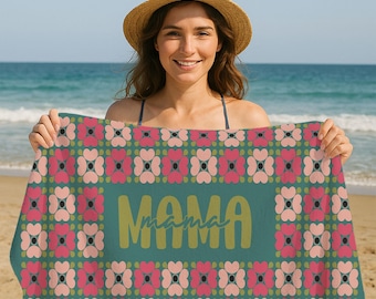 Floral Beach Towel For Mom, Retro Flower Towel, Custom Name Towel, Mothers Day Gift, Boho Summer Towel, Pool Vacation Towel