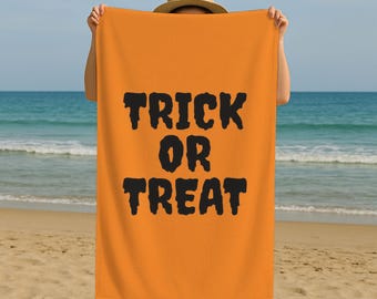 Trick Or Treat Beach Towel, Halloween Bath Towel, Minimal Spooky Pool Towel, Fall Party Gift, Custom Printed Towel
