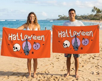 Halloween Beach Towel, Cute Spooky Bath Towel, Personalized Custom Name Pool Towel, Halloween Party Gift For Couples