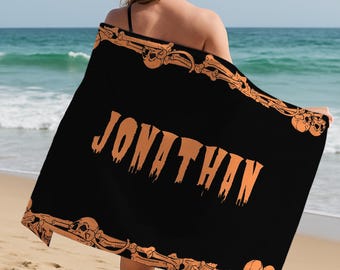 Jolly Halloween Beach Towel, Vintage Spooky Bath Towel, Gothic Pool Towel, Personalized Custom Halloween Party Gift