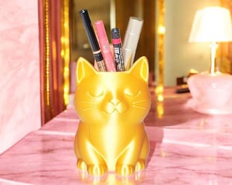 Cat Shaped Makeup Brush Holder – Minimal Vanity Organizer, 3D Printed Cosmetic Cup.