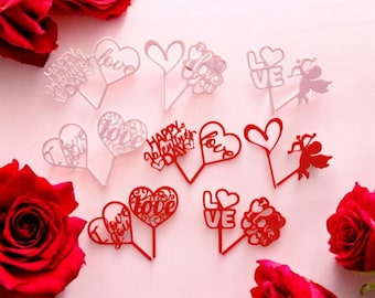 Valentine and Wedding Cake Toppers Set of 8 – Love and Heart Cake Decorations, Engagement - Romantic Party Decor.