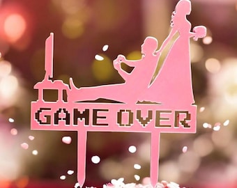Funny Wedding Cake Topper – Gamer Groom and Bride, 3D Printed “Game Over” Topper, Unique Wedding or Engagement Party Decor