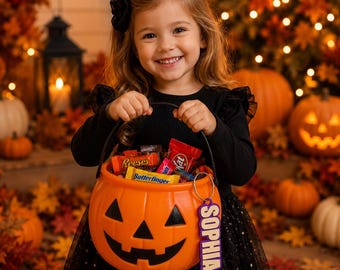 Etiqueta personalizada impresa en 3D para cesta de dulces de Halloween, etiqueta personalizada para cesta de Halloween, etiqueta para cubo de dulces, etiqueta para cesta de calabaza