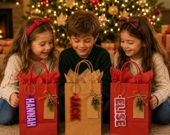 Etiqueta personalizada para bolsa de regalo de Navidad, etiqueta personalizada impresa en 3D para Navidad, etiqueta para bolsa de regalos navideños, etiqueta para bolsa de regalo de Navidad.