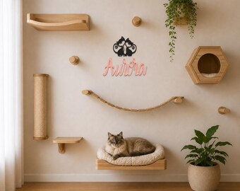 Cat Climbing Wall Name Sign, 3D Printed Cat Name Sign, Personalized Pet Name Plaque, Cat Wall Decor with Two Cats, Custom Cat Bed Sign