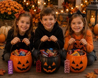 Etiqueta personalizada para cubo de dulces, etiqueta personalizada impresa en 3D para cesta de truco o trato, etiqueta para cesta de Halloween, etiqueta para cesta de calabaza