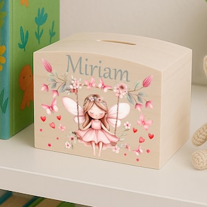 Hucha personalizada para niños de madera, hada elfa rosa - regalo de cumpleaños - regalo para la escolarización, bautizo, nacimiento de una niña, regalo para nietos