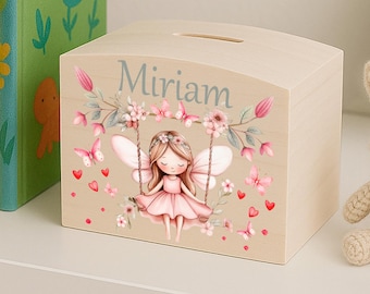 Hucha personalizada infantil de madera hada elfa rosa - regalo de cumpleaños - regalo para navidad bautizo nacimiento niña regalo nieto