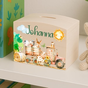 Hucha de madera personalizada para niños con nombre, regalo para bautizo, niño y niña, hucha de cumpleaños, animales de granja "Mi Granja".