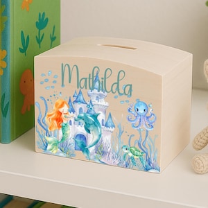 personalisierte Spardose aus Holz für Kinder mit Name Geschenk Taufe Mädchen Sparschwein Geburtstag Meerjungfrau Unterwasser "Nixenwelt"