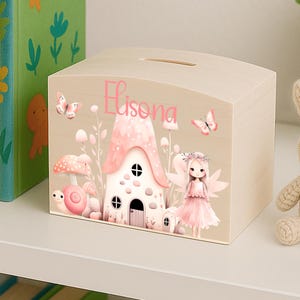personalisierte Spardose aus Holz für Kinder mit Name Geschenk Taufe Mädchen Sparschwein Geburtstag Fee Elfe Märchen Fantasy "Feenhaus"