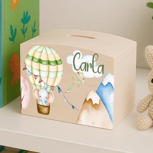 Hucha de madera personalizada para niños con nombre, regalo para bautizo, niña, hucha, cumpleaños, globos de animales "Paseo en globo con animales".