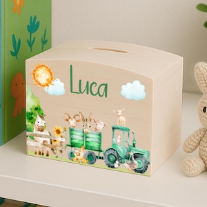 Hucha de madera personalizada para niños con nombre, regalo para bautizo, niño y niña, hucha de cumpleaños, animales de granja "Happy Country Life".