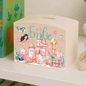 personalisierte Spardose aus Holz für Kinder mit Name Geschenk Taufe Mädchen Sparschwein Geburtstag Meerjungfrau "Meereszauber"