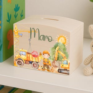 Hucha de madera personalizada para niños con nombre, regalo para bautizo, niño, hucha, cumpleaños, obra de construcción "Mi obra de construcción".