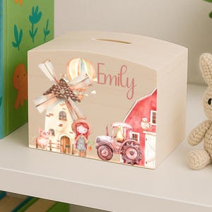 personalisierte Spardose aus Holz für Kinder mit Name Geschenk Taufe Mädchen Junge Sparschwein Geburtstag Bauernhof Farm "Bauernhofspaß"