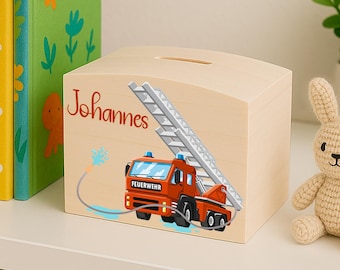 Hucha personalizada para niños de madera bomberos - regalo de cumpleaños - regalo para escolarización bautizo nacimiento niño regalo nieto