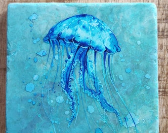 Posavasos de mármol con diseño de medusas, ideal como regalo para el hogar, con motivos marinos de color azul océano. Ideal para uso individual o en un juego de 4 (todos los motivos).